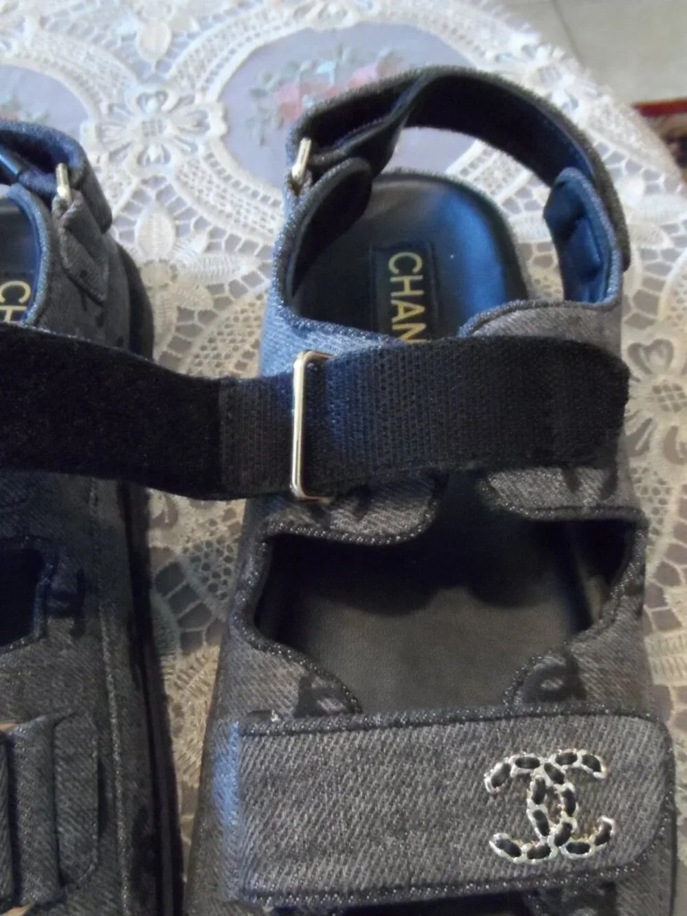 New Chanel Gray Signature Jacquard Grandpa Sandals Size 38.5B